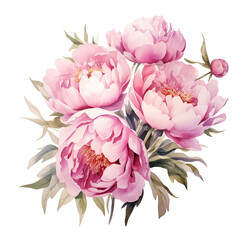 Watercolor pink peony flowers isolated on transparent background. PNG file, cut out