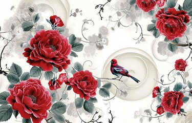Red roses wallpaper with flowers and birds on white background, in the style of xbox 360 graphics, hilma af klint, golden ratio, website, ultra hd, light silver and silver.