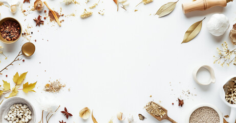 Assorted spices and herbs frame a white background, including star anise, bay leaves, and garlic; ideal for culinary themes or recipe backgrounds. Copy space in the centre, autumn mood. - obrazy, fototapety, plakaty