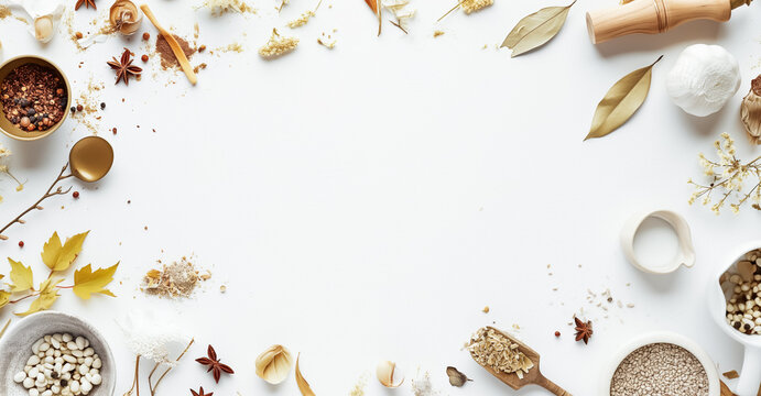 Fototapeta Assorted spices and herbs frame a white background, including star anise, bay leaves, and garlic  ideal for culinary themes or recipe backgrounds. Copy space in the centre, autumn mood.
