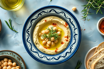 Gourmet hummus in a decorative blue and white bowl, surrounded by fresh ingredients like chickpeas, olive oil, bread slices, rosemary sprigs, and spices on a textured blue surface.