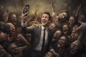 smiling politician taking a selfie of himself over starved population, government domination - obrazy, fototapety, plakaty
