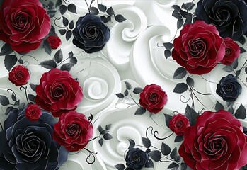 the red and black roses are decorating the pattern of the wallpaper, in the style of spiral vortex patterns, dark white, ceramic, romantic scenery, uhd image.