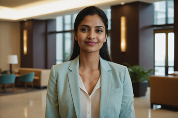 young age south asian businesswoman standing in modern hotel lobby