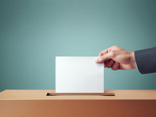 Close-up of a man's hand putting a voting sheet into a cardboard ballot box on a blue background. - obrazy, fototapety, plakaty