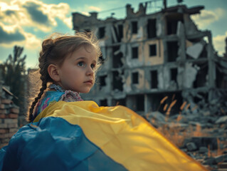 A little girl with a Ukrainian flag against the backdrop of destroyed houses from the war