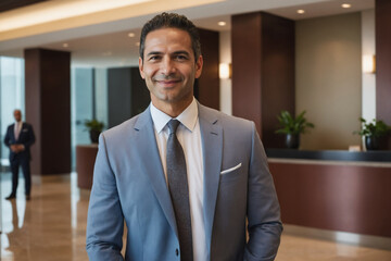 Fototapeta premium middle age hispanic businessman standing in modern hotel lobby