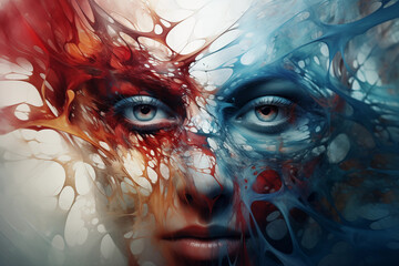 creative artistic abstract image of a red and blue ink splash on a woman face, expression of duality and dilemma - obrazy, fototapety, plakaty