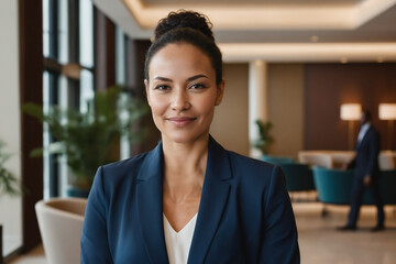 middle age multiracial businesswoman standing in modern hotel lobby