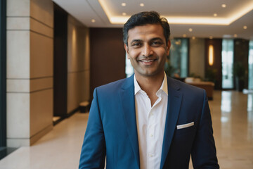 middle age south asian businessman standing in modern hotel lobby - obrazy, fototapety, plakaty