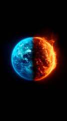Planeta tierra dividido en dos partes, una atmósfera azul y la otra atmósfera ardiendo como símbolo del cambio climático - obrazy, fototapety, plakaty