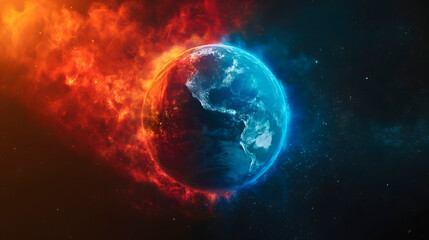 Obraz na płótnie Canvas Planeta tierra dividido en dos partes, una atmósfera azul y la otra atmósfera ardiendo como símbolo del cambio climático