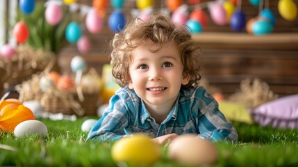 Fototapeta na wymiar Playful little boy surrounded by Easter decorations, eagerly waiting for the egg hunt to begin