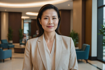 middle age southeast asian businesswoman standing in modern hotel lobby