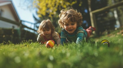 Playful siblings rolled eggs down a grassy slope in a pleasant Easter egg race - obrazy, fototapety, plakaty