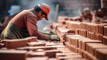 Builder worker laying a brick wall. Red brick production and warehouse. - obrazy, fototapety, plakaty