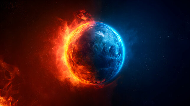 Planeta tierra dividido en dos partes, una atmósfera azul y la otra atmósfera ardiendo como símbolo del cambio climático