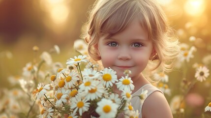 Radiant child holding a bouquet of spring flowers, capturing the essence of a blissful Easter day