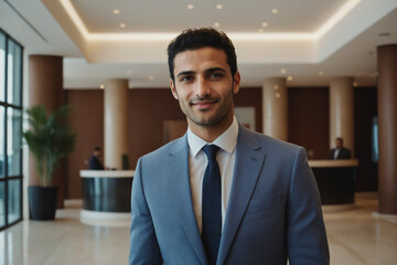 young age middle eastern businessman standing in modern hotel lobby - obrazy, fototapety, plakaty