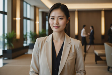 young age east asian businesswoman standing in modern hotel lobby