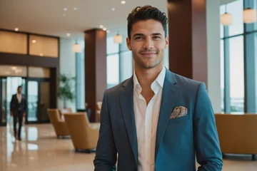 Zelfklevend Fotobehang young age latin businessman standing in modern hotel lobby © EliteLensCraft