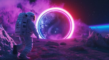 astronaut walking to a portal on another planet - obrazy, fototapety, plakaty