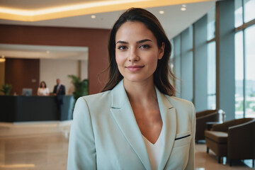 young age latin businesswoman standing in modern hotel lobby