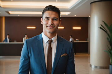 young age indigenous businessman standing in modern hotel lobby - obrazy, fototapety, plakaty