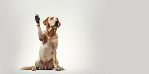 Labrador dog with paw raised up on a white background. Banner concept for pet store or veterinary...