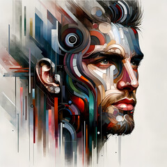 portrait of a man. The artwork combines digital and traditional media elements, featuring a blend of abstract