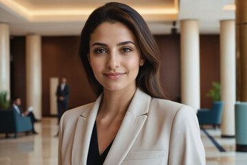 young age middle eastern businesswoman standing in modern hotel lobby
