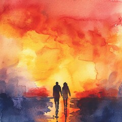 Romantic Sunset Silhouettes Watercolor Painting

