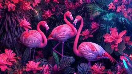 Obraz premium pink flamingos and exotic tropical flowers pattern, hdr, vibrant lighting