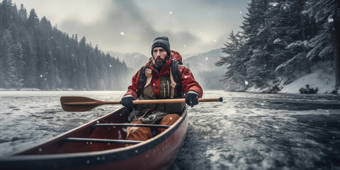 Rafting of a male tourist in a wooden canoe on a river with winter forest on either side. - obrazy, fototapety, plakaty