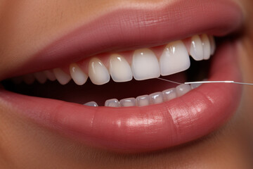 Woman, hands and teeth with smile for dental floss, skincare or personal hygiene against a studio background. Closeup of female smiling and flossing in cosmetics for oral, mouth or gum care treatment 