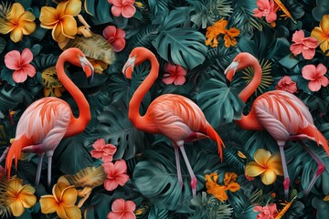 pink flamingos and exotic tropical flowers pattern, hdr, vibrant lighting