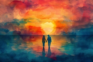 Romantic Sunset Silhouettes Watercolor Painting

