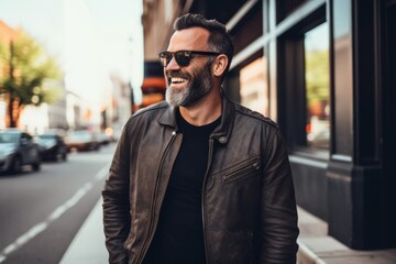 Portrait of a handsome bearded man in sunglasses and a leather jacket.