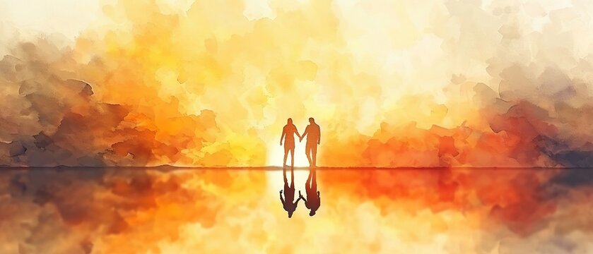 Romantic Sunset Silhouettes Watercolor Painting

