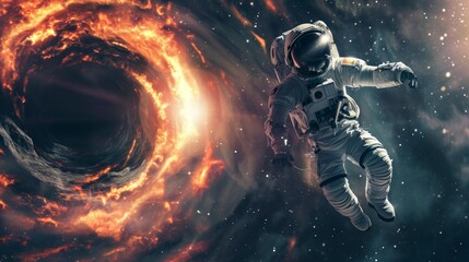 astronaut on his back falling into a black hole - obrazy, fototapety, plakaty