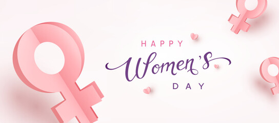 Women's Day greeting card or banner with woman 3d pink flying paper female symbols. Vector 8 March international holiday poster template - obrazy, fototapety, plakaty