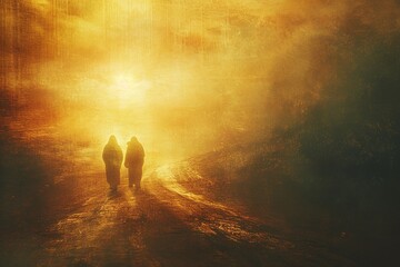 Road to Emmaus: Biblical Scene with Subtle Glowing Jesus

