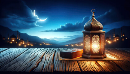  lantern placed on a wooden table with a beautiful blue sky background