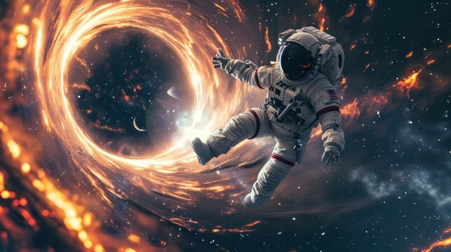astronaut on his back falling into a black hole in the universe in high definition