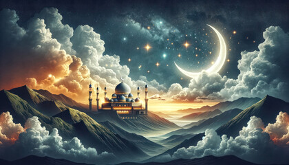 Ramadan background with a crescent, stars, and glowing clouds above a mosque on mountains.