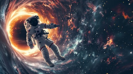 astronaut on his back falling into a black hole in the universe in high definition HD - obrazy, fototapety, plakaty
