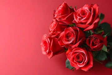 Bouquet of beautiful rose flowers on red background. Valentine's Day celebration

