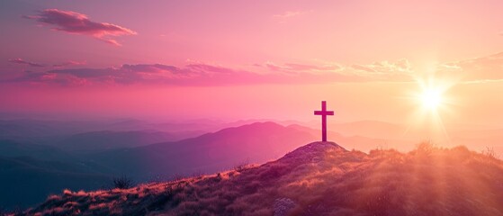 Fototapeta na wymiar Serene Cross at Mountain Sunset