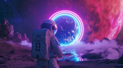 astronaut seeing a neon portal on another planet in the universe