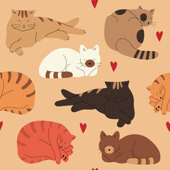 Vector seamless pattern with different color cats, lying down, sleeping and relaxing. Hand drawn in flat doodle style